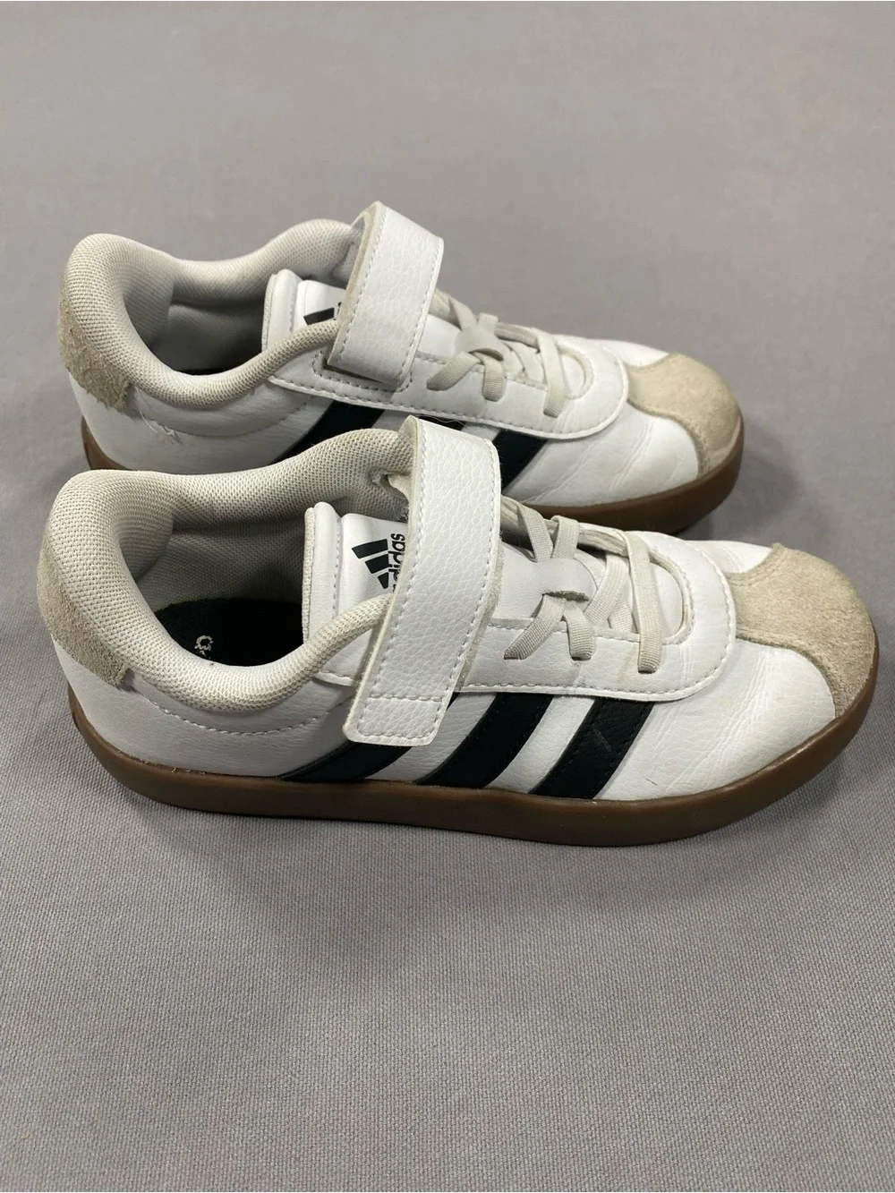 adidas White and Black Kids Velcro Strap Sneakers with Gum Sole